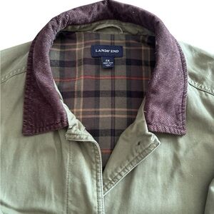 Lands’ End Olive Utility Jacket Corduroy Collar Plaid Lined 2X